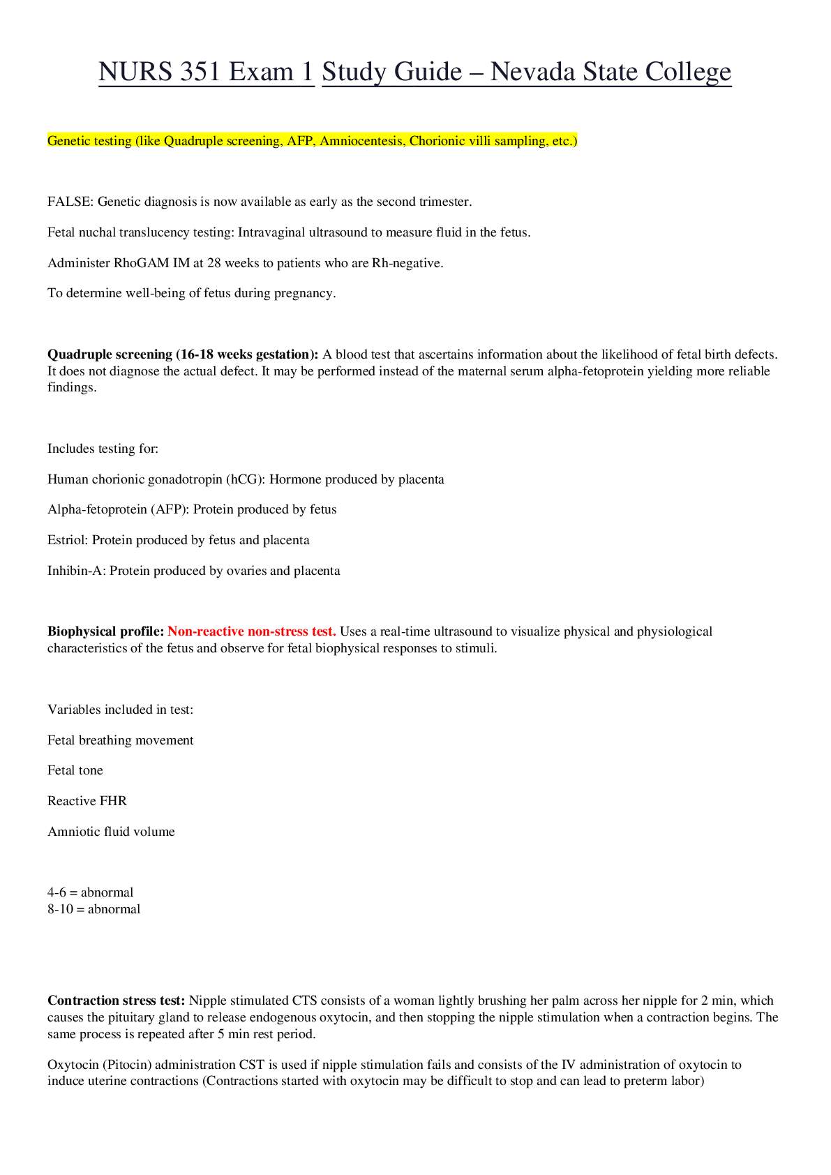 Preview image for NURS 351 Exam 1 Study Guide – Nevada State College